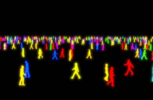 Perception d'une foule par un robot, avec des silhouettes de diverses couleurs sur fond noir