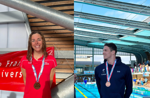 Clément BIDARD, étudiant à l'UHA 3ème place 100m brasse et Fanny BORER, étudiante à l'UHA 3ème place 100m dos